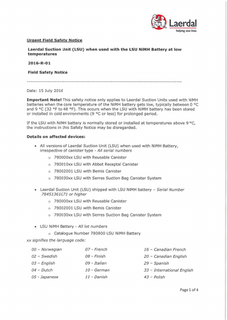 Laerdal Suction Units ( LSU) Urgent Field Safety Notice July 2016