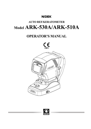 Table of Contents 1. BEFORE USE... 1 1.1 Outline of the Device...1 1.2 Indications for Use...1 1.3 Principles...2 1.4 Configuration...3 1.5 Measurement Screen Description...7 1.6 Labels...13 1.7 Checking Contents...14 1.8 Before First Use...15  2. OPERATING PROCEDURES... 19 2.1 Operation Flow...19 2.2 Preparation for Measurement...20 2.2.1 2.2.2 2.2.3 2.2.4  Checking the measuring window for soiling at device start-up...27 Switching to manual mode...28 Sleep mode...29 Finishing the measurement...29  2.3 AR (refractive error) and KM (corneal curvature radius) Measurements: AR/KM Measurement Mode...30 2.3.1 2.3.2 2.3.3  Cataract measurement mode...39 Measurement ring image display...40 KM peripheral measurement...41  2.4 AR (refractive error) Measurement: AR Measurement Mode...42 2.5 KM (corneal curvature radius) Measurement: KM Measurement Mode...44 2.6 View Comparison Function...47 2.6.1  Importing LM Data...51  2.7 CS (Corneal Size) Measurement...52 2.8 PS (Pupil Size) Measurement...54 2.9 PD (Pupillary Distance) Measurement...56 2.9.1 2.9.2  Auto-PD measurement...56 Manual PD Measurement...56  2.10 Measuring Hard Contact Lenses...58 2.11 Printing...60 2.11.1 Printing measured data...60 2.11.2 Eyeprint...63 2.11.3 Printing parameter settings...64  2.12 Parameter Settings...65  X  