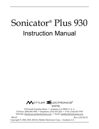 Sonicator Plus 930 Instruction Manual Rev I March 2015