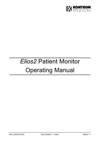 Revision: July, 2001  TABLE OF CONTENTS Section 1 Introduction Chapter 1 What You Should Know Manual Structure... 1-1 Changes in Default Configuration... 1-1 Intended Use... 1-1 Prescription Notice... 1-2 Compliance... 1-2 Chapter 2 Warnings and Precautions Minimizing Electrosurgical Interference... 2-1 How Electrosurgery Interference Affects Patient Monitoring... 2-1 Conduction... 2-2 Radiation... 2-3 Explosion Hazard... 2-3 Connection of Other Medical Devices... 2-3 Use of Manual... 2-3 Responsibility of Manufacturer... 2-3 Labeling... 2-4 Symbols... 2-4 Electrode and Transducer Protection... 2-6 General Use of Accessories... 2-6 Chapter 3 System Description Overview... 3-1 System Features and Capabilities... 3-3 Monitor and Main Processing Unit... 3-4 Modules... 3-6 System Specifications... 3-7  KONTRON MEDICAL  I  