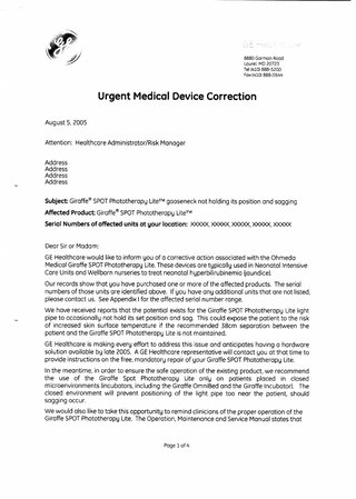 Giraffe SPOT Phototherapy Lite Urgent Medical Device Correction Aug 2005