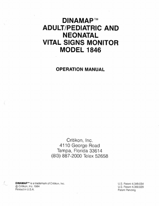 CRITIKON DINAMAP 1846 Vital Signs Monitor Operation Manual July 1984