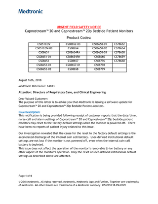 Capnostream 20 and 20p Bedside Patient Monitors Urgent Field Safety Notice Aug 2018