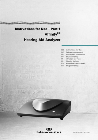 Table of Contents 1  INTRODUCTION ... 1 1.1 About this Manual ... 1 1.2 Intended Use ... 1 1.3 Product Description ... 1 1.4 Included and Optional Parts and Accessories ... 2 1.5 Warnings ... 3  2  UNPACKING AND INSTALLATION ... 5 2.1 Unpacking and Inspection ... 5 2.2 Marking... 6 2.3 Connection Panel Dictionary ... 7 2.4 Software installation ... 8 2.4.1 Software Installation Windows®7 and Windows®8 ... 9 2.4.2 Software Installation Windows®8.1 ... 12 2.4.3 Software Installation on Windows® XP ... 16 2.5 Driver Installation ... 19 2.6 2.6 Using with Databases ... 22 2.6.1 Noah3 ... 22 2.6.2 Noah 4 ... 22 2.7 Standalone Version ... 23 2.8 License ... 23  3  OPERATING INSTRUCTIONS ... 25 3.1 Using the Tone Screen ... 26 3.2 Using the Speech Screen ... 32 3.2.1 Speech Audiometry in Graph Mode ... 34 3.2.2 Speech Audiometry in Table Mode ... 35 3.2.3 PC Keyboard Shortcuts Manager ... 37 3.3 The REM440 Screen ... 39 3.4 The HIT440 Screen ... 48 3.5 Using the Print Wizard ... 54  4  MAINTENANCE ... 57 4.1 General Maintenance Procedures ... 57 4.2 How to clean Interacoustics Products ... 57 4.3 Concerning Repair ... 58 4.4 Warranty ... 58  5  GENERAL TECHNICAL SPECIFICATIONS ... 59 5.1 Reference Equivalent Threshold Values for transducers ... 60 5.2 Pin Assignments ... 60 5.3 Electromagnetic Compatibility (EMC) ... 60  