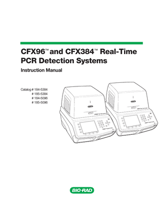 CFX96 and CFX384 Systems Manual  Table of Contents Bio-Rad Resources... ii Writing Conventions Used in this Manual... ii Safety and Regulatory Compliance... iii  Chapter 1. System Installation... 1 Unpacking the Optical Reaction Module... System Requirements... System Overview... Setting up the system... Installing CFX Manager Software... Running Experiments...  1 1 2 3 6 9  Chapter 2. Introduction to CFX Manager Software... 11 Main Software Window... Startup Wizard... Detected Instruments Pane... Instrument Properties Window... Software Files... Tips and Tricks...  11 15 16 18 20 20  Chapter 3. Running Experiments... 21 Experiment Setup Window... Protocol Tab... Plate Tab... Start Run Tab... Run Details Window... Instrument Summary Window...  21 22 23 24 25 28  Chapter 4. Protocols... 31 Protocol Editor Window... Protocol Editor Controls... Temperature Control Mode... Protocol AutoWriter...  31 33 37 37  v  