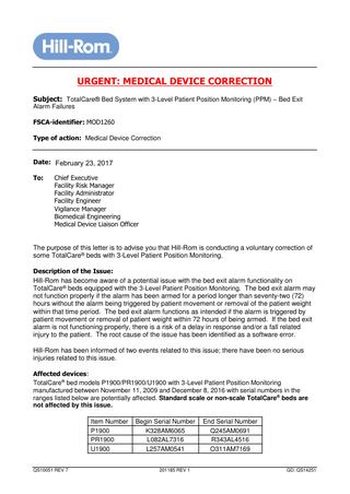 TotalCare Bed System Urgent Medical Device Correction Feb 2017