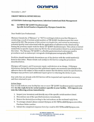 TJF-Q180V DUODENOSCOPE Urgent Safety Notification Nov 2017