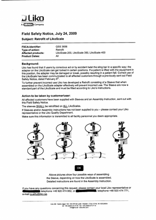 LikoScale 200 , 350 and 400 Field Safety Notice July 2009