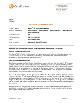 Alaris GP Urgent Field Safety Notice Nov 2012