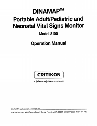 CRITIKON DINAMAP 8100 Vital Signs Monitor Operation Manual