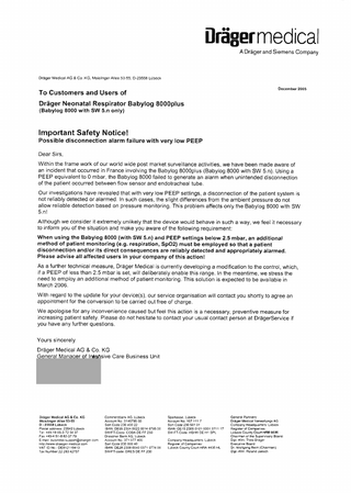 Babylog 8000 plus Important Safety Infomation Dec 2005