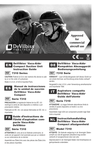 Table of Contents Figures... IEC Symbols... Important Safeguards... International Travel... Introduction... Important Parts... Accessory/Replacement Items... Set-Up... How to Operate Your Suction Unit... Battery Charging ... Battery Replacement... Cleaning Instructions... Maintenance... Troubleshooting... Specifications/Classifications... Warranty... DeVilbiss Guidance and Manufacturer’s Declaration...  EN - 2 EN - 3 EN - 3 EN - 4 EN - 4 EN - 4 EN - 5 EN - 5 EN - 5 EN - 6 EN - 6 EN - 6 EN - 7 EN - 8 EN - 8 EN - 9 EN - 9  IEC Symbols Attention, consult instruction guide  Direct current  Consult instructions for use  Alternating current  Standby - On/Off  Type BF equipment-applied part  Center positive polarity indicator I P12: Vertically falling water drops shall have no harmful effects when the enclosure is tilted at an angle up to 15° on either side of the vertical. This device contains electrical and/or electronic equipment that must be recycled per EU Directive 2012/19/EU- Waste Electrical and Electronic Equipment (WEEE)  IMPORTANT SAFEGUARDS  When using electrical products, especially when children are present, basic safety precautions should always be followed. Read all instructions before using. Important information is highlighted by these terms:  DANGER–Urgent safety information for hazards that will cause serious injury or death. WARNING–Important safety information for hazards that might cause serious injury. CAUTION–Information for preventing damage to the product. NOTE–Information to which you should pay special attention.  READ ALL INSTRUCTIONS BEFORE USING.  Save These Instructions danger To reduce the risk of electrocution: 1. Do not use while bathing. 2. Do not place or store product where it can fall or be pulled into a tub or sink. 3. Do not place in or drop into water or other liquid. 4. Do not reach for a product that has fallen into water. Unplug immediately. warning To reduce the risk of burns, electrocution, fire or injury to persons: 1. Close supervision is necessary when this product is used by, on, or near children or physically incapacitated individuals. 2. Use this product only for its intended use as described in this guide. A-7310  EN - 3  