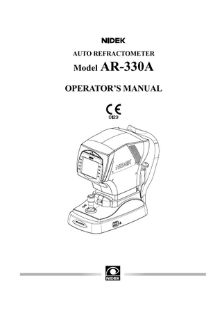 Table of Contents 1. BEFORE USE... 1 1.1 Outline of the Device...1 1.2 Indications for Use...1 1.3 Principles...1 1.4 Configuration...2 1.5 Measurement Screen Description...6 1.6 Labels...10 1.7 Checking Contents...11 1.8 Before First Use...12  2. OPERATING PROCEDURES... 17 2.1 Operation Flow...17 2.2 Preparation for Measurement...18 2.2.1 2.2.2 2.2.3  Checking the measuring window for soiling at device start-up...24 Sleep mode...25 Finishing the measurement...25  2.3 AR (refractive error) Measurements...26 2.4 View Comparison Function...33 2.4.1  Importing LM data...37  2.5 PD (Pupillary Distance) Measurement...38 2.5.1 2.5.2  Auto-PD measurement...38 Manual PD measurement...38  2.6 Printing...40 2.6.1 2.6.2 2.6.3  Printing measured data...40 Eyeprint...43 Printing parameter settings...44  2.7 Parameter Settings...45 2.7.1 2.7.2 2.7.3  Parameter tables...48 Setting date and time...56 Entering comments...58  3. OPERATION WHEN PERIPHERAL DEVICES ARE CONNECTED... 61 3.1 Connecting to the NIDEK Motorized Refractor (RT) or Computer...61 3.1.1 3.1.2 3.1.3  X  Outline...61 Connecting procedure...62 Operating procedure...62  