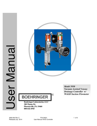 3930 Vacuum Assisted Venous Drainage Controler User Manual Rev C