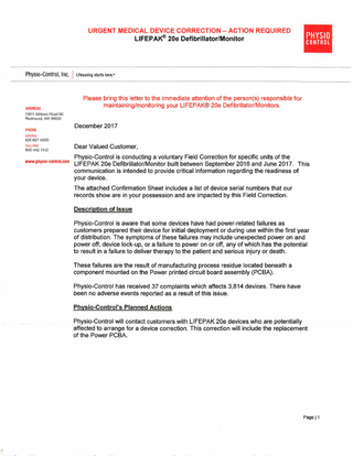 LIFEPAK 20e Defib-Monitor Urgent Medical Device Correction , Action Required Dec 2017