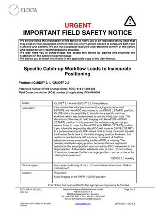 iGUIDE 2.1 and 2.2 Urgent Important Field Safety Notice 2016