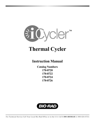 Table of Contents Page  Section 1  Introduction ...1  1.1 1.2 1.3  Overview...1 Features...2 System Set Up...2 1.3.1 Unpacking...2 1.3.2 Voltage Conversion and Power Cable Connection...3 1.3.3 Cable Connections ...4 1.3.4 Removing and Attaching a Reaction Module...4 1.3.5 Powering Up ...5 Loading the Reaction Module ...6 iCycler Keypad ...8 System Accessories and Options ...11 What's in This Manual...12  1.4 1.5 1.6 1.7  Section 2  Logging On ...12  2.1  User Names and Information...13 2.1.1 Creating a New User ...13 2.1.2 Logging in as a Registered User...14 2.1.3 Changing the Current User...14 2.1.4 Deleting a User ...14 Home Screen...14 Quick Start Procedure ...15 2.3.1 Editing a Protocol ...16 2.3.2 Creating a Protocol...16  2.2 2.3  Section 3  Thermal Cycling Protocols ...17  3.1 3.2  Overview...17 Protocol Display...17 3.2.1 Text Description ...18 3.2.2 Graphical Representation ...18 Protocol Parameters...19 3.3.1 Temperature and Dwell Time Ranges ...19 3.3.2 Advanced Programming Options ...19 Protocol Library Screen...20 3.4.1 User Names and the Bio-Rad Folder...21 3.4.2 Folder Protocol Name ...21 3.4.3 Protocol Name ...22 Creating and Editing Protocols...22 3.5.1 Specifying Time Values...23 3.5.2 Specifying Temperature Values ...23 3.5.3 Specifying Cycle Repeats ...23 Creating and Editing Protocols: Advanced Options...23 3.6.1 Temperature and Dwell Time Options (F3-Option) ...23 3.6.2 Programming a Temperature Gradient (F3-Option) ...25 3.6.3 Changing the Number of Cycles or Steps (F4-Add/Del) ...26 Completing Protocols ...26  3.3 3.4  3.5  3.6  3.7  