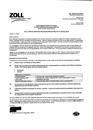 R Series Urgent Medical Device Correction Aug 2009 