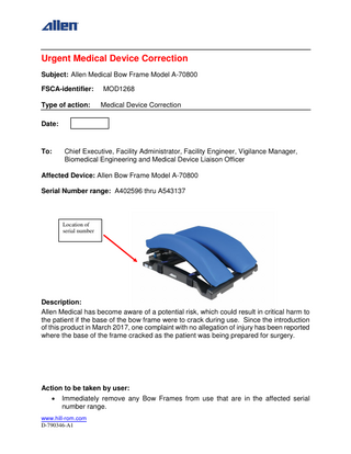 Bow Frame Model A-70800 Urgent Medical Device Correction Nov 2017