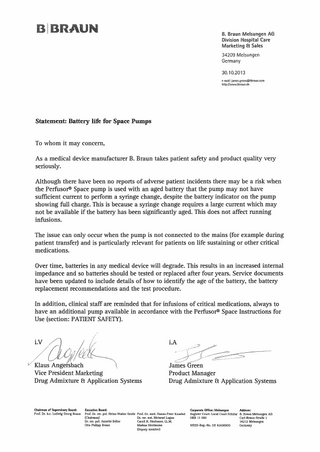 Service Bulletin Statement Battery Life for Space Pumps