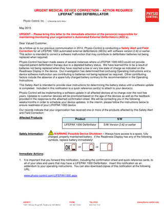 LIFEPAK 1000 Urgent Medical Device Correction May 2015