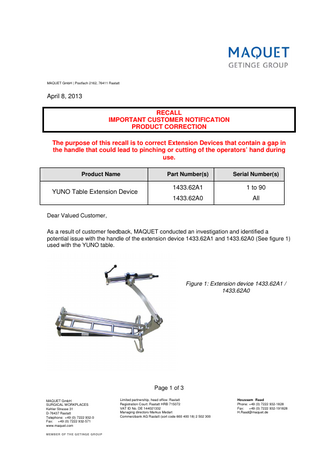 YUNO Extension device 1433.62Ax series Important Customer Notification Product Correction April 2013