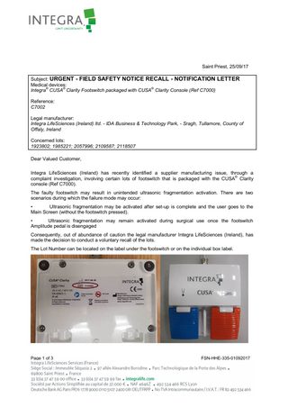 CUSA Clarity Urgent Field Safety Notice Recall Sept 2017