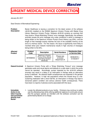 SIGMA SPECTRUM Urgent Medical Device Correction Jan 2017