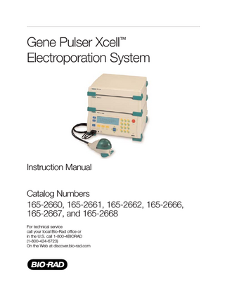 Table of Contents Section 1  Introduction and Safety Information: The Gene Pulser Xcell System ...1  1.1  General Safety Information ...1  1.2  Electrical Hazards ...2  1.3  Mechanical Hazards...2  1.4  Other Safety Precautions ...2  Section 2  Unpacking and System Installation ...3  2.1  Unpacking the System Components ...3  2.2  Setting up the System ...4 2.2.1  Setting up the Gene Pulser Xcell Main Unit and Connecting the ShockPod (Cat. #s 165-2660, 165-2661, 165-2662, 165-2666) ...4  2.2.2  Connecting the PC Module to the Gene Pulser Xcell Main Unit (Cat. #s 165-2660, 165-2662, and 165-2668) ...5  2.2.3  Connecting the CE Module to the Gene Pulser Xcell Main Unit (Cat. #s 165-2660, 165-2661, and 165-2667) ...6  2.2.4  ShockPod (Cat. #s 165-2660, 165-2661, 165-2662, and 165-2669) ...6  Section 3  Gene Pulser Xcell Operating Instructions ...8  3.1  Section Overview ...8  3.2  Front Panel and Home Screen ...9  3.3  3.4  3.5  3.2.1  Description of Keypad...9  3.2.2  Home Screen ...10  3.2.3  Help Screens ...11  Manual Operation...12 3.3.1  Manual Operation (Guide Guide) ...12  3.3.2  Electroporation using Exponential Decay Pulses ...12  3.3.3  Electroporation Specifying Time Constant...14  3.3.4  Electroporation using Square Wave Pulses ...15  3.3.5  Results Screens ...17  3.3.6  Saving a Program from Manual Operation...19  3.3.6A  Saving in a Location without a Named User Entry...20  3.3.6B  Saving in a Location with a Named User Entry ...20  Pre-Set Protocols...21 3.4.1  Using a Pre-set Protocol (Quick Guide) ...21  3.4.2  Electroporation using a Pre-Set Protocol...22  3.4.3  Modifying Pre-Set Protocol Parameters ...25  3.4.4  Saving Changes to Pre-Set Protocols ...25  User Protocols ...26  