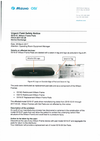 Wilson Frame Pads Urgent Field Safety Notice March 2017