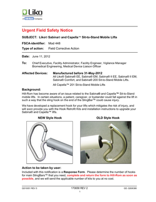 Sabine and Capella Urgent Field Safety Notice June 2012