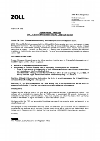 E Series Urgent Medical Device Correction-ECG print or record issue Feb 2008