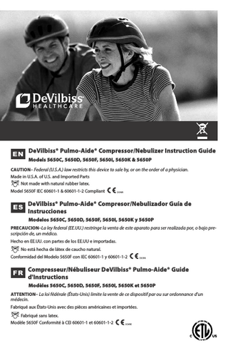 English... Español... Français...  EN-2 ES-8 FR-14  Table of Contents IEC Symbols... Important Safeguards... Introduction... Important Parts DeVilbiss 5650 Compressor... Disposable Nebulizer... How to Operate Your Compressor... Cleaning and Maintenance Nebulizer Cleaning... Compressor Cleaning... Filter Change... Maintenance... Specifications/5650F Classifications... Warranty...  EN - 2 EN - 2 EN - 3 EN - 4 EN - 4 EN - 4 EN - 5 EN - 5 EN - 5 EN - 6 EN - 6 EN - 7  IEC SYMBOLS  O  Consult Instruction for Use  Double Insulated  Electric Shock Hazard Do Not Open  Catalog/Model Number  Alternating Current  Serial Number  Type BF Applied Part  Date of Manufacture  On  Fuse Rating  Off   his device contains electrical and/or electronic equipment T that must be recycled per EU Directive 2012/19/EU Waste Electrical and Electronic Equipment (WEEE)  IMPORTANT SAFEGUARDS  When using electrical products, especially when children are present, basic safety precautions should always be followed. Read all instructions before using. Important information is highlighted by these terms: DANGER – U  rgent safety information for hazards that will cause serious injury or death. WARNING – Important safety information for hazards that might cause serious injury. CAUTION – Information for preventing damage to the product. NOTE –  Information to which you should pay special attention.  READ ALL INSTRUCTIONS BEFORE USING. DANGER To reduce the risk of electrocution: 1.	Always unplug this product immediately after using. 2. Do not use while bathing. 3.	Do not place or store product where it can fall or be pulled into a tub or sink. 4. Do not place in or drop into water or other liquid. EN - 2  A-5650  