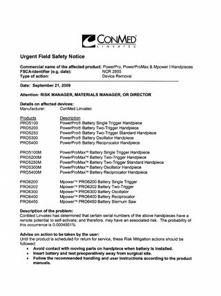 Power Pro , Power Pro Max and Mpower Handpieces Urgent Field Safety Notice Sept 2009