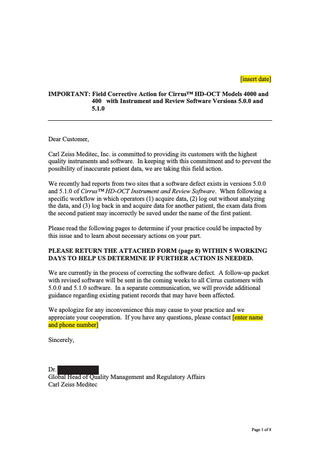 Cirrus HD-OCT Models 4000 and 400 Important Field Corrective Action March 2011