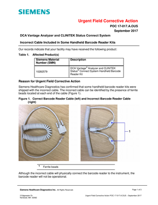 DCA Vantage and CLINITEK Status Urgent Field Corrective Action Sept 2017