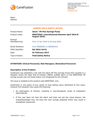 Alaris PK Syringe Pump Urgent Field Safety Notice Feb 2017