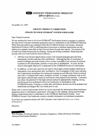 STERRAD System Urgent Field Safety Notice Nov 2007