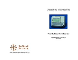 Vision 5L Holter Recorder  Vision 5L Holter Recorder  Table of Contents  Electromagnetic Emissions Emissions test RF emissions CISPR 11  RF emissions CISPR 11  Compliance Group 1  Class B  Overview... 2  Electromagnetic environment - guidance The Vision 5L uses RF energy only for its internal function. Therefore, its RF emissions are very low and are not likely to cause any interference in nearby electronic equipment. The Vision 5L is suitable for use in all establishments, including domestic establishments and those directly connected to the public low-voltage power supply network that supplies buildings used for domestic purposes.  Description ... 2 Indications for Use ... 2 Precautions ... 4 Electrode Application ... 5 Operation ... 6 Initialize the CompactFlash Card ... 6 How to Record ... 6 Recording Display... 8 Patient Event Marker ... 8 Early Out and Real Time ECG Display... 8 Session Complete ... 8 Analyzing the ECG Data ... 8  Electromagnetic Immunity IEC 60601 Immunity test test level  Compliance Electromagnetic level environment - guidance  ±6 kV contact ±6 kV contact Floors should be wood, Electrostatic concrete or ceramic tile. If discharge (ESD) ±8 kV air ±8 kV air floors are covered with IEC 61000-4-2 synthetic material, the relative humidity should be at least 30%. Power frequency 3 A/m (50/60 Hz) magnetic field  3 A/m  IEC 61000-4-8  Power frequency magnetic fields should be at levels characteristic of a typical location in a typical commercial or hospital environment.  Service & Maintenance... 9 Maintenance... 9 Cleaning ... 9 Service ... 9 Troubleshooting ... 10 Service Items & Accessories ... 11 Specifications... 12 Electrode Placement ... 13 3 Channel (5 lead) Electrode Placement ... 13 3 Channel (7 lead) Electrode Placement ... 14 EMC Declaration Tables ... 15 Electromagnetic Emissions... 16 Electromagnetic Immunity... 16 Recommended Separation Distances ... 19  16  1  