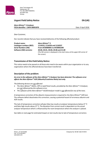 Alere Afinion 2 Analyzer Urgent Safety Notice April 2018