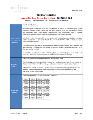 da Vinci X Urgent Medical Device Correction March 2018