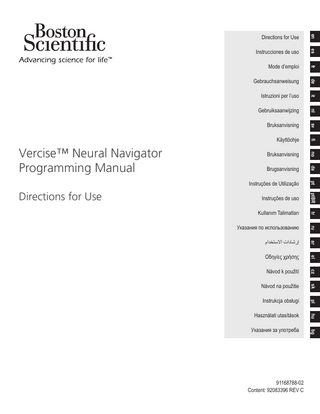 Table of Contents  Table of Contents  Starting a Programming Session... 2 Starting Vercise Neural Navigator... 2 Connecting to the Stimulator... 2 Programming the Stimulator... 4 Configuring the Leads... 4  Measuring Impedances... 4  The Programming Screen... 5 Creating or Modifying a Program... 7 Selecting Stimulation Areas... 7 Selecting Contacts... 7  Steering Mode... 7 Custom Mode... 8  Turning Stimulation OFF for Individual Areas... 8 Turning All Stimulation OFF ... 8 Increasing and Decreasing the Amplitude... 8 Increasing and Decreasing the Pulse Width... 9 Increasing and Decreasing the Rate... 9  Programming Multiple Areas with Different Rates... 9  Selecting Patient Amplitude Range... 9 Viewing the Stimulation Field Model... 9 Mapping the Patient’s Clinical Effects of Stimulation... 10 Reports... 11 Tools and Additional Information... 12 Backup Database... 12 Update Leads... 13 Deleting Clinical Effects Data... 14 Stimulator Programmable Characteristics... 14 Charge Density... 15 Energy Use Index... 15 Estimated Charge Time... 16 Elective Replacement Indicator (ERI) Message... 16 End of Service (EOS) Message... 16 Ending a Programming Session... 16 Adjusting CP Time and Date... 17 Troubleshooting... 18  Vercise™ Neural Navigator Programming Manual 91168788-02 iii of iv  en  Introduction... 1 Intended Use... 1 Connecting the Programming Wand to the Clinician Programmer... 1  