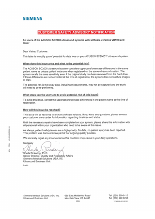 ACUSON SC2000 Customer Safety Advisory Notification Aug 2015