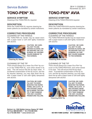 TONO-PEN XL and AVIA Service Bulletin Rev-A Nov 2011