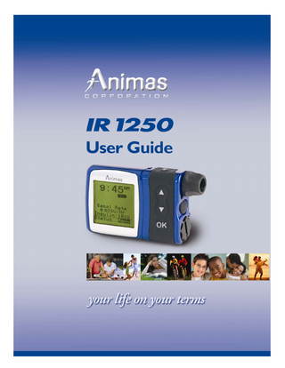 Table of Contents Welcome and Congratulations!... 7 Technical and Clinical Help... 8 Supply Reordering ... 8 Important Note ... 8 Chapter 1 Important Information ... 9 Your User Guide ... 9 Warnings ... 9 Emergency Kit ... 9 Indications for Use... 10 Contraindications ... 10 Warnings and Precautions... 10 Radiology Quick Reference Chart ... 11 Safety Information ... 13 Chapter 2 Package Contents ... 17 Chapter 3 Explanation of Symbols ... 19 Chapter 4 Introduction to Your IR 1250 Pump ... 21 Get to Know Your IR 1250... 21 Main Programming Buttons... 21 Programming Basics ... 21 Display Screen ... 21 Backlight Button ... 21 Audio Bolus/ezBolus ... 22 Battery Cap/Vent ... 22 Primary Vent... 22 Cartridge Compartment Cap ... 22 IR Window for Download ... 22 Sounds... 22 Tamper Resistant Feature ... 23 Basic Display Screens... 23 Home Screen... 23 Main Menu Screen... 23 Status... 24 Chapter 5 Getting Your Pump Ready ... 25 Battery Insertion... 25 Setup – Basics ... 27 Setting/Changing the Time and Date... 27 Daylight Saving Time (applicable in certain states/countries only) ... 28 Sounds - Setting/Changing ... 28 The Cartridge ... 30 Filling the Cartridge... 30 Connecting the Tubing to the Cartridge... 30 Changing the Cartridge ... 31 Priming the Pump ... 32 Selecting the Infusion Site and Inserting the Infusion Set... 34 Changing the Cartridge and Infusion Set... 34 Chapter 6 Using the Normal Bolus Feature... 35 Chapter 7 Using Basal Program Features ... 37 Setting a Basal Program... 37 Adding/Changing Segments in an Existing Basal Program ... 39 Reviewing Basal Programs ... 40 Clearing Basal Programs... 40 Page 3  