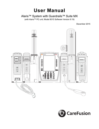 Table of Contents Each of the Alaris infusion product-specific sections has its own table of contents.  General Contact Information ...iv Introduction ... v Approved Parts Recommendation ...ix Installation ... viii Alaris PC Unit... Section 1 Alaris Pump Module, Model 8100 Alaris Syringe Module, Model 8110 ... Section 2 Alaris PCA Module ... Section 3 Alaris SpO2 Module ... Section 4 Alaris EtCO2 Module ... Section 5 Alaris Auto-ID Module Model 8600 ... Section 6 Appendix Maintenance ...A-1 Cleaning...A-1 Service Information...A-3 Warranty ...A-4 Regulations and Standards...A-5 Compliance...A-5 Trademarks...A-14  Order Numbers: Printed Copy: P00000137 © 2005-2015 CareFusion Corporation or one of its affiliates. All rights reserved.  Alaris System User Manual – with v9.19 Model 8015  iii  