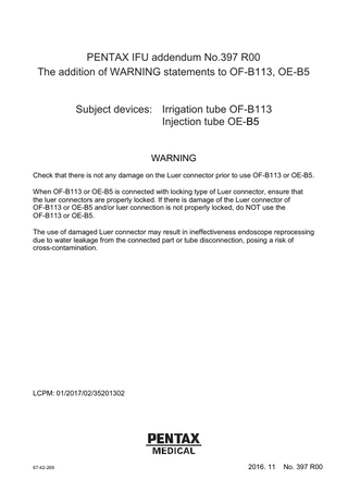 Pentax Endoscopes Various Models Reprocessing Warning Addendum Sheet 1 Nov 2016