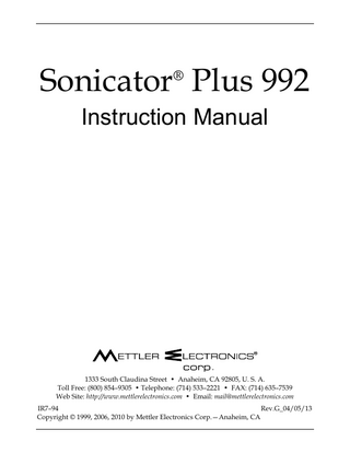 Sonicator Plus 992 Instruction Manual Rev G May 2013