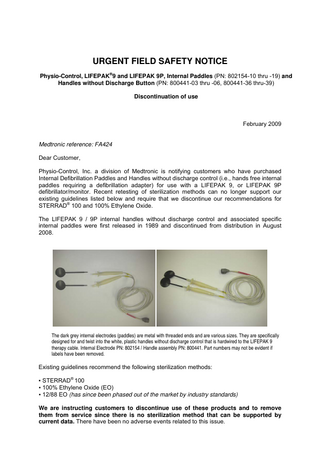 LIFEPAK 9 and 9P Urgent Field Safety Notice Feb 2009