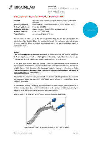 Brainlab Offset Cup Impactor Universal Field Safety Notice Dec 2016